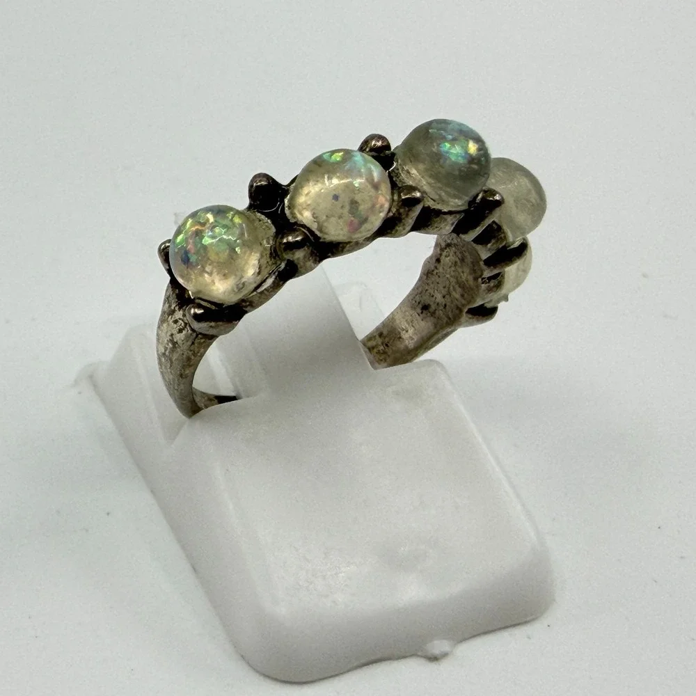 Y2K Silver Tone Opal Stone Iridescent Ring Celestial Boho Statement Gift Unique